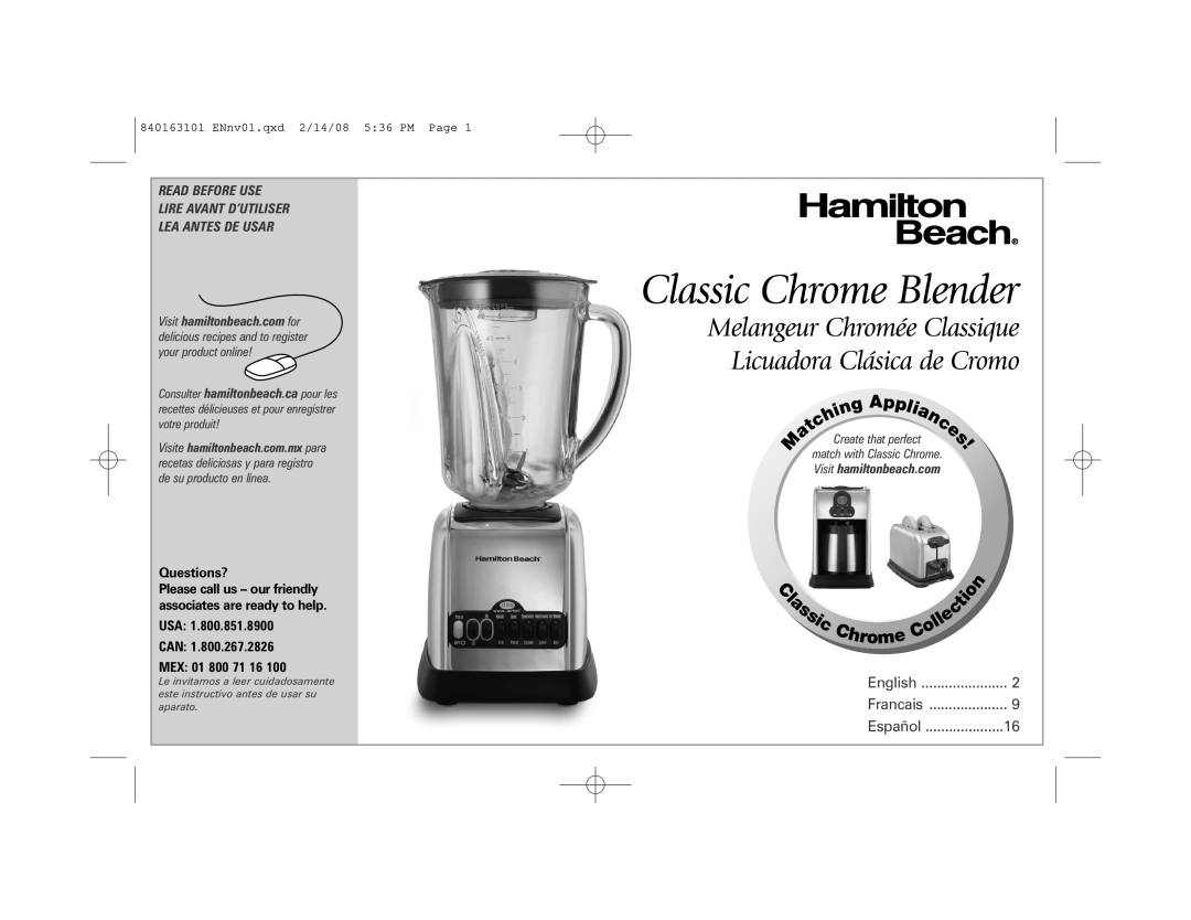 Hamilton Beach Classic Chrome Blender manual ro m, Melangeur Chromée Classique Licuadora Clásica de Cromo, English 