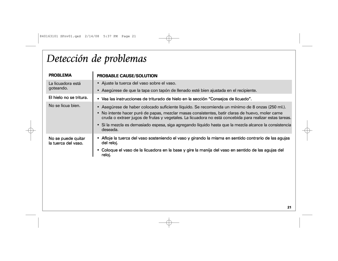 Hamilton Beach Classic Chrome Blender manual Problema, Detección de problemas, Probable Cause/Solution 