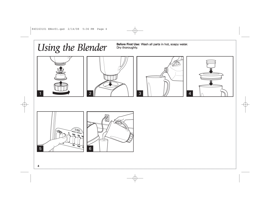 Hamilton Beach Classic Chrome Blender manual Using the Blender, Dry thoroughly, ENnv01.qxd 2/14/08 536 PM Page 