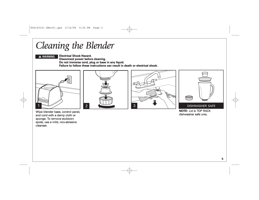 Hamilton Beach Classic Chrome Blender manual Cleaning the Blender, Do not immerse cord, plug or base in any liquid 