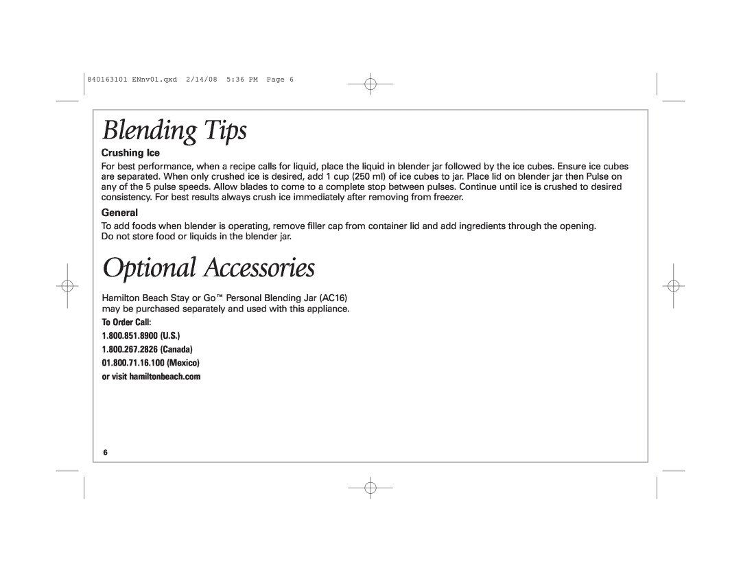 Hamilton Beach Classic Chrome Blender manual Blending Tips, Optional Accessories, Crushing Ice, General 