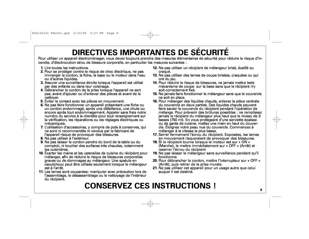 Hamilton Beach Classic Chrome Blender manual Directives Importantes De Sécurité, Conservez Ces Instructions 