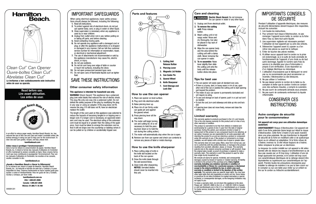 Hamilton Beach 76386 warranty Other consumer safety information, Parts and features, How to use the can opener, Ach, N c e 