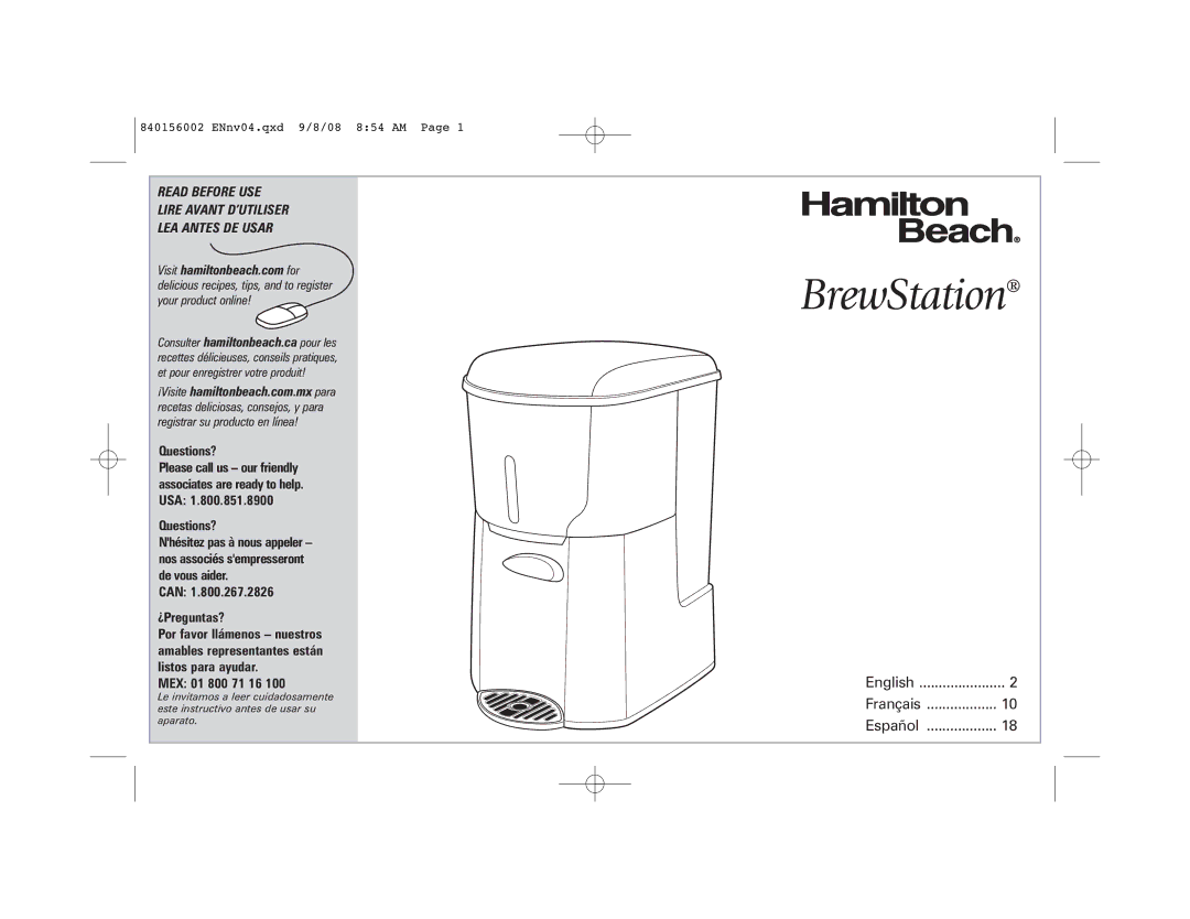 Hamilton Beach Coffee BrewStation manual Read Before USE Lire Avant D’UTILISER LEA Antes DE Usar 