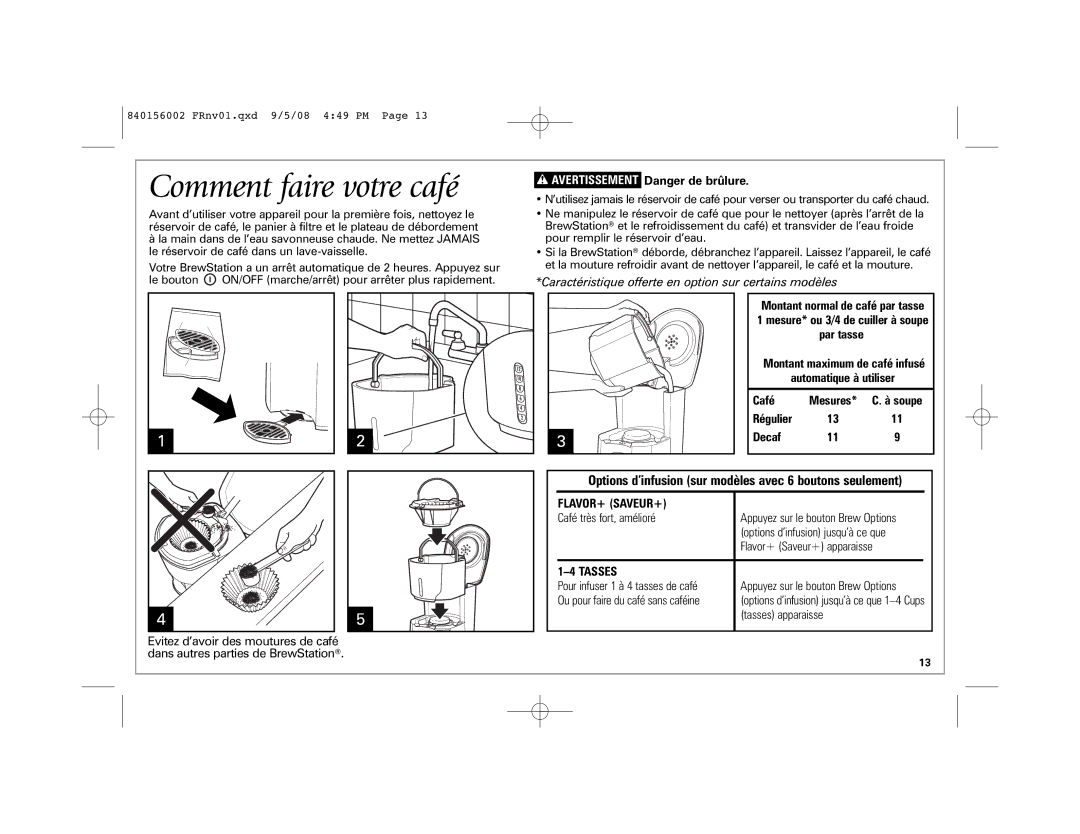 Hamilton Beach Coffee BrewStation manual Comment faire votre café, Options d’infusion sur modèles avec 6 boutons seulement 