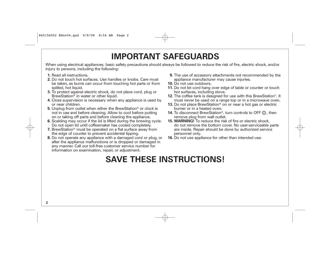 Hamilton Beach Coffee BrewStation manual Important Safeguards 