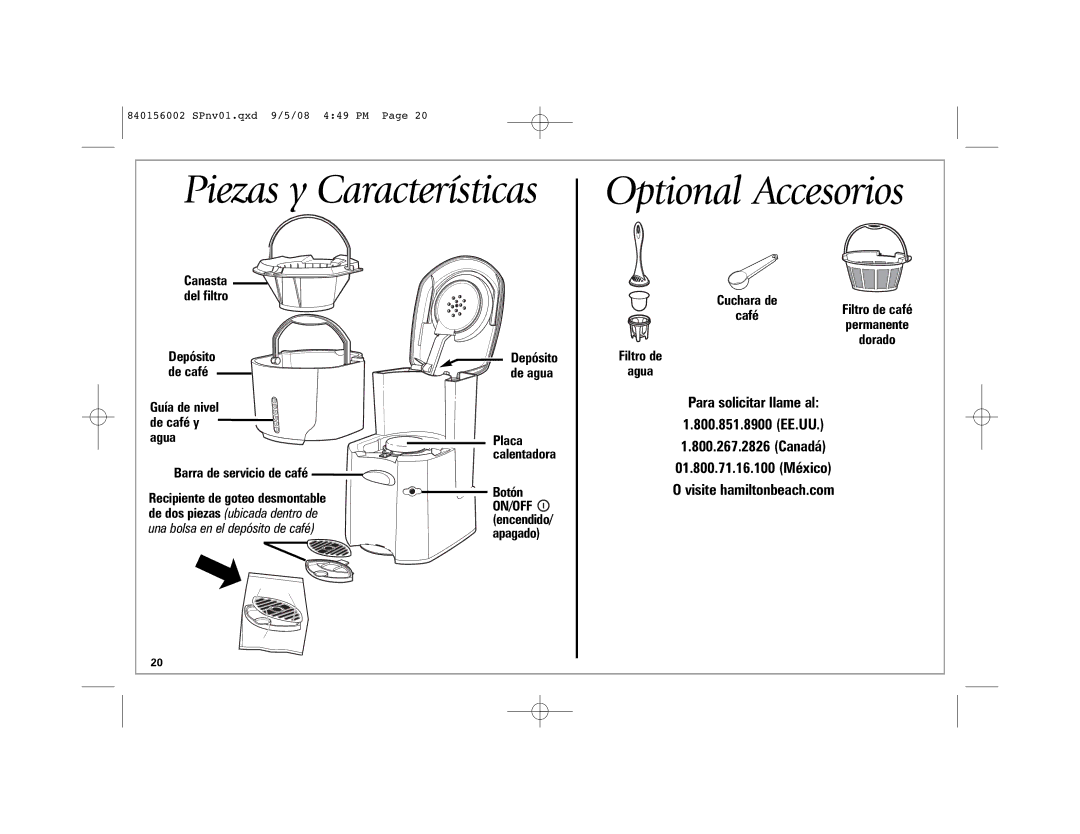 Hamilton Beach Coffee BrewStation manual Piezas y Características Optional Accesorios, Guía de nivel De café y 