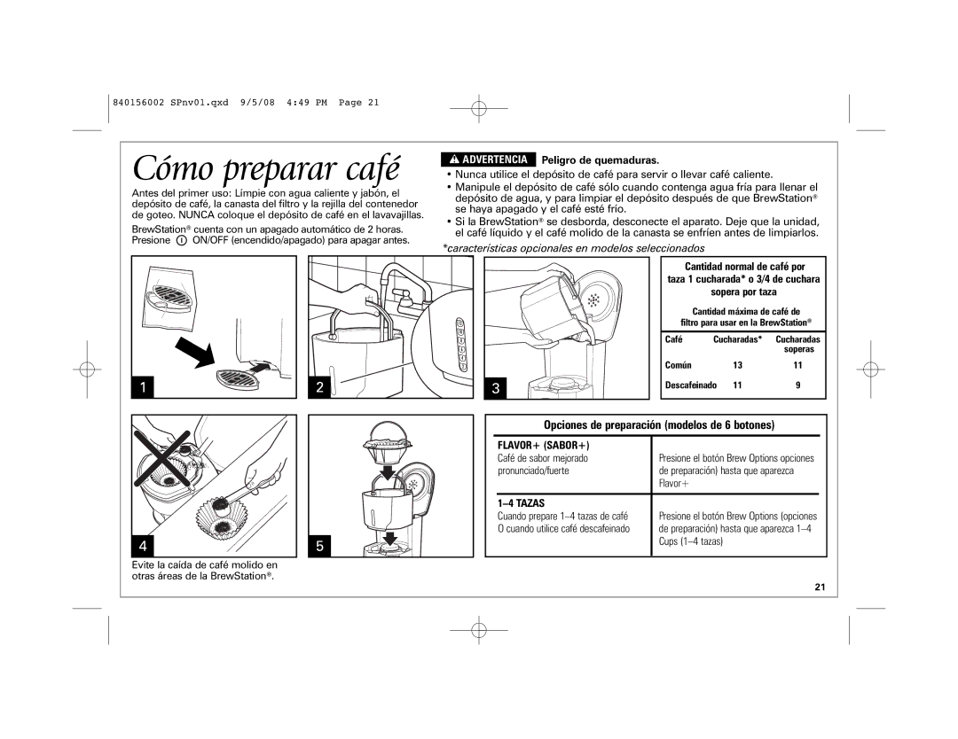 Hamilton Beach Coffee BrewStation manual Cómo preparar café, Opciones de preparación modelos de 6 botones 