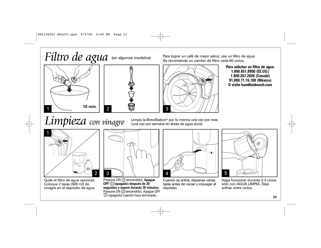 Hamilton Beach Coffee BrewStation manual Filtro de agua en algunos modelos, Para solicitar un filtro de agua 