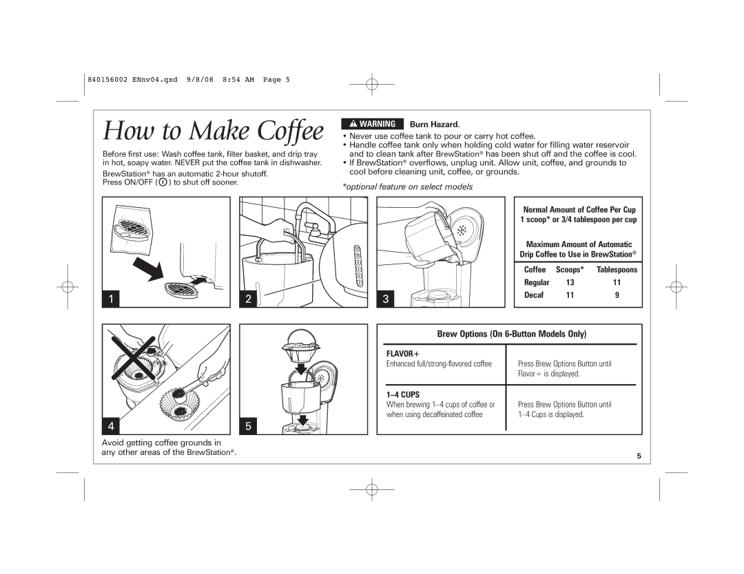 Hamilton Beach Coffee BrewStation manual How to Make Coffee, Brew Options On 6-Button Models Only 