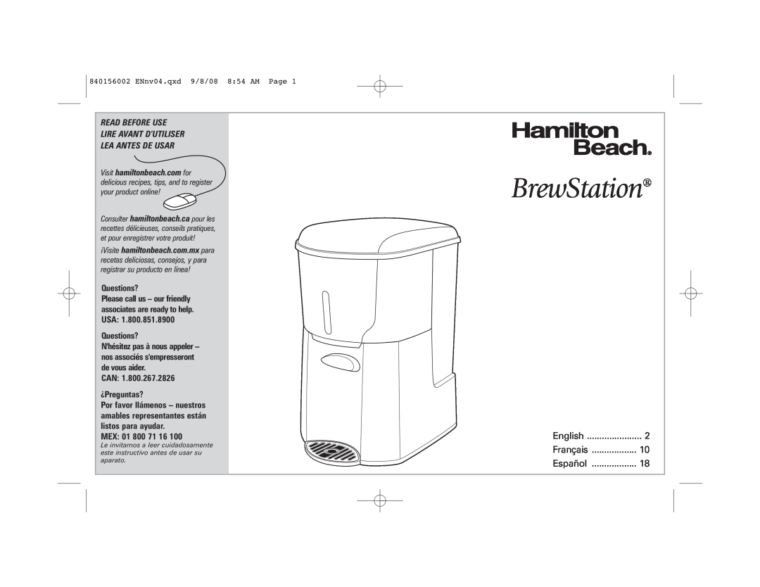 Hamilton Beach Coffee BrewStation manual Read Before Use Lire Avant D’Utiliser, Lea Antes De Usar, Questions?, Mex 