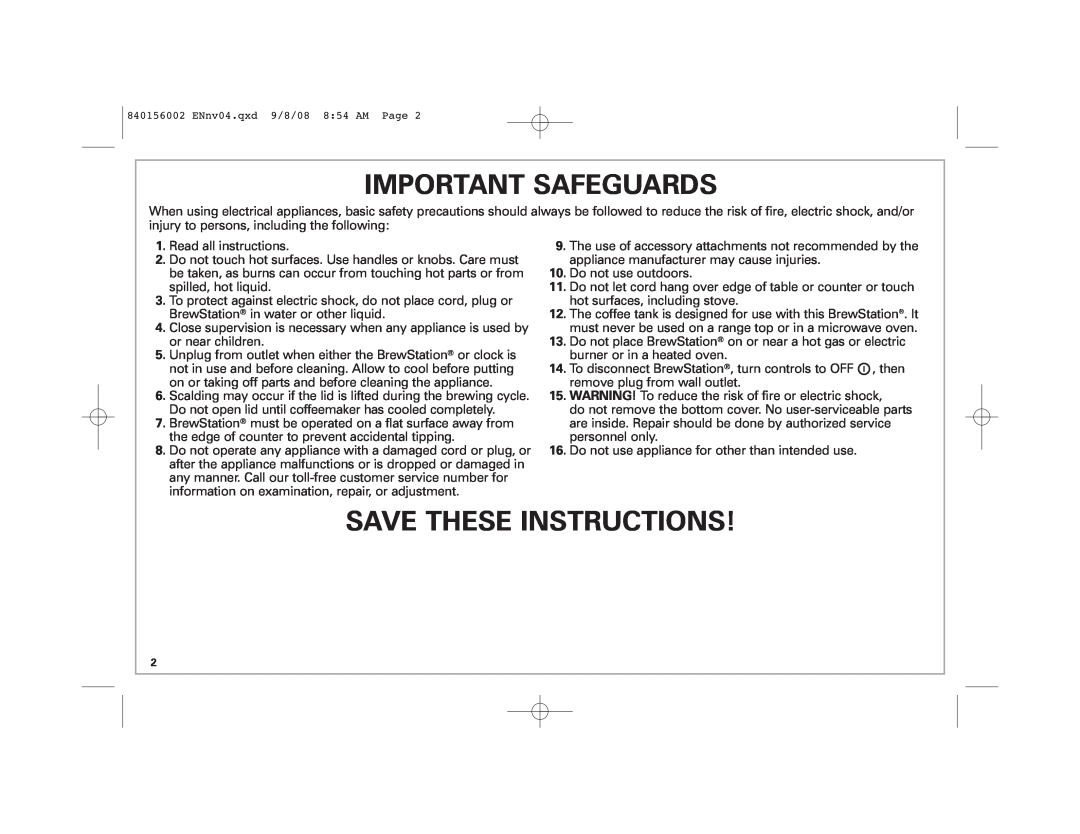 Hamilton Beach Coffee BrewStation manual Important Safeguards, Save These Instructions 