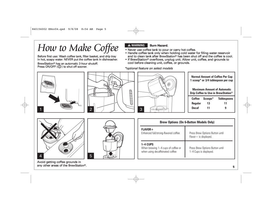 Hamilton Beach Coffee BrewStation How to Make Coffee, w WARNING, Burn Hazard, optional feature on select models, Regular 