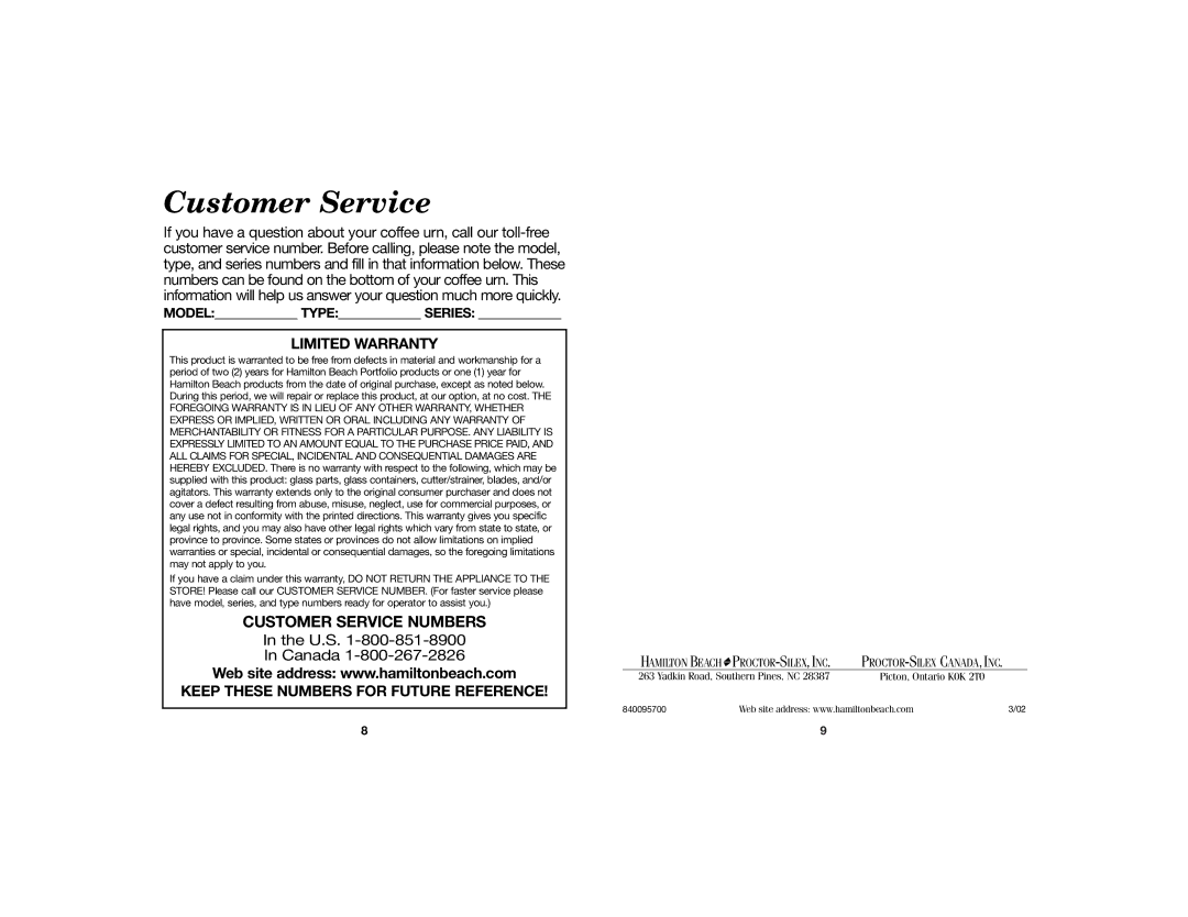 Hamilton Beach Coffee Urn manual Customer Service 