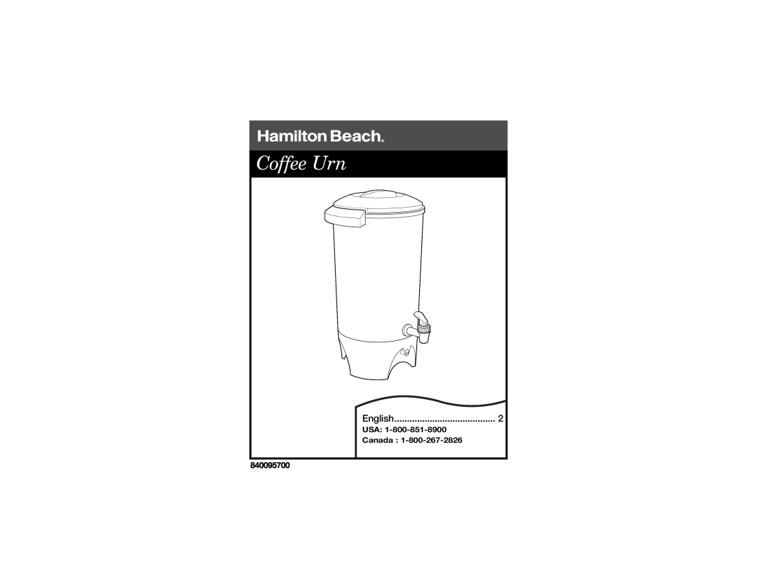Hamilton Beach Coffee Urn manual USA Canada, 840095700 