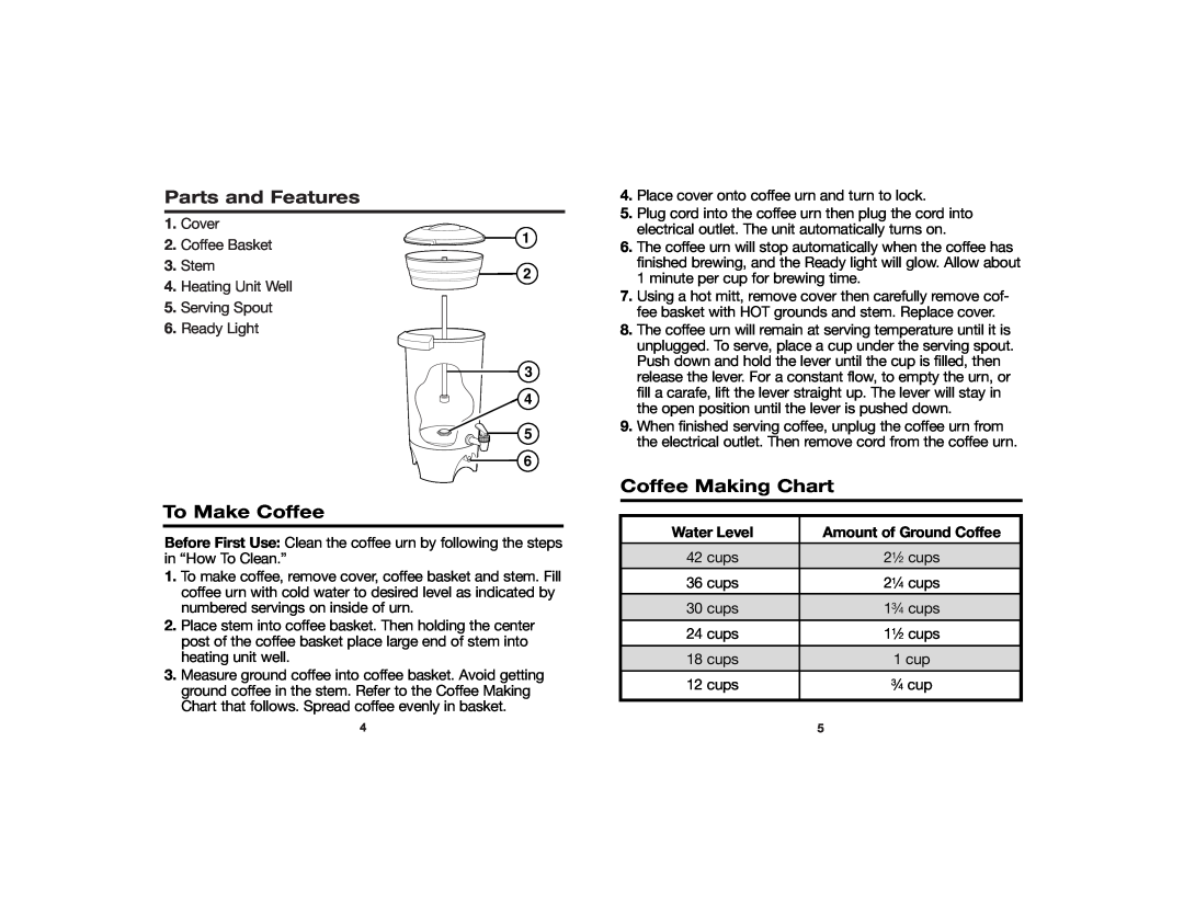 Hamilton Beach Coffee Urn Parts and Features, To Make Coffee, Coffee Making Chart, Water Level, Amount of Ground Coffee 