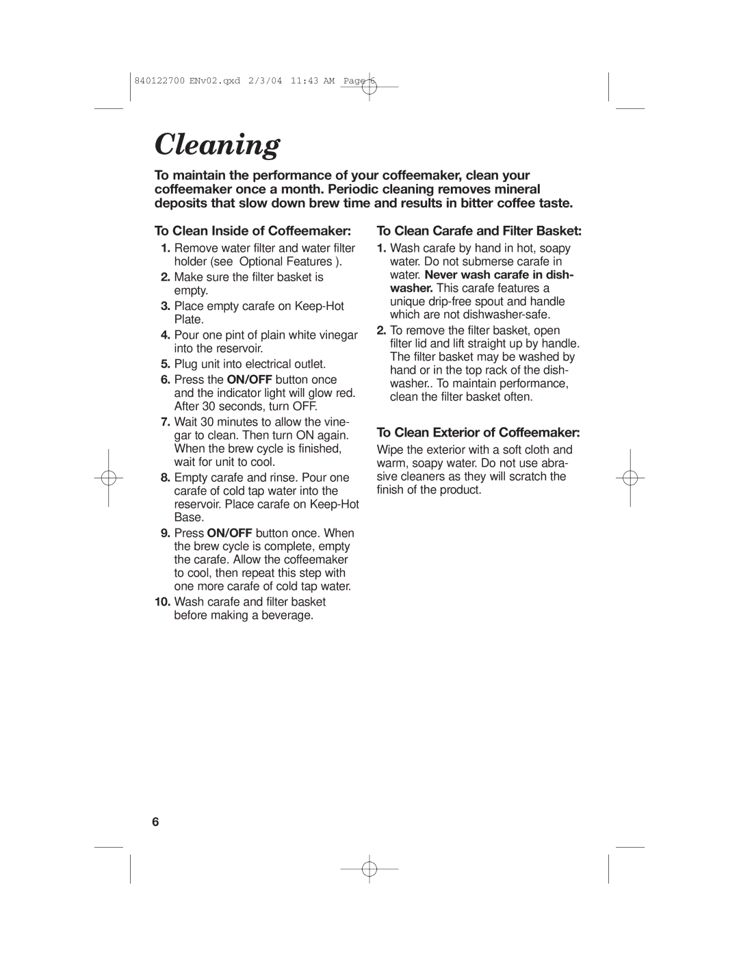 Hamilton Beach Coffemaker manual Cleaning, To Clean Inside of Coffeemaker 