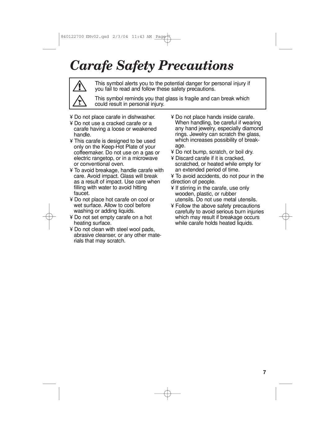 Hamilton Beach Coffemaker manual Carafe Safety Precautions 