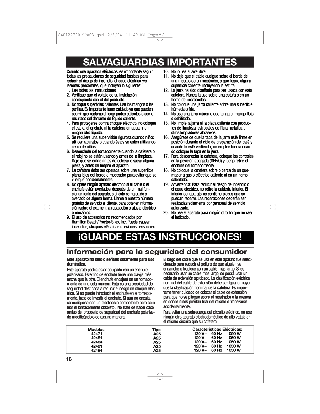 Hamilton Beach Coffemaker manual Salvaguardias Importantes, ¡Guarde Estas Instrucciones, Modelos, Tipo, 120 V~, 1050 W 