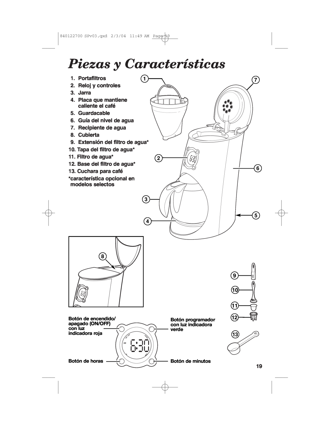 Hamilton Beach Coffemaker manual Piezas y Características 