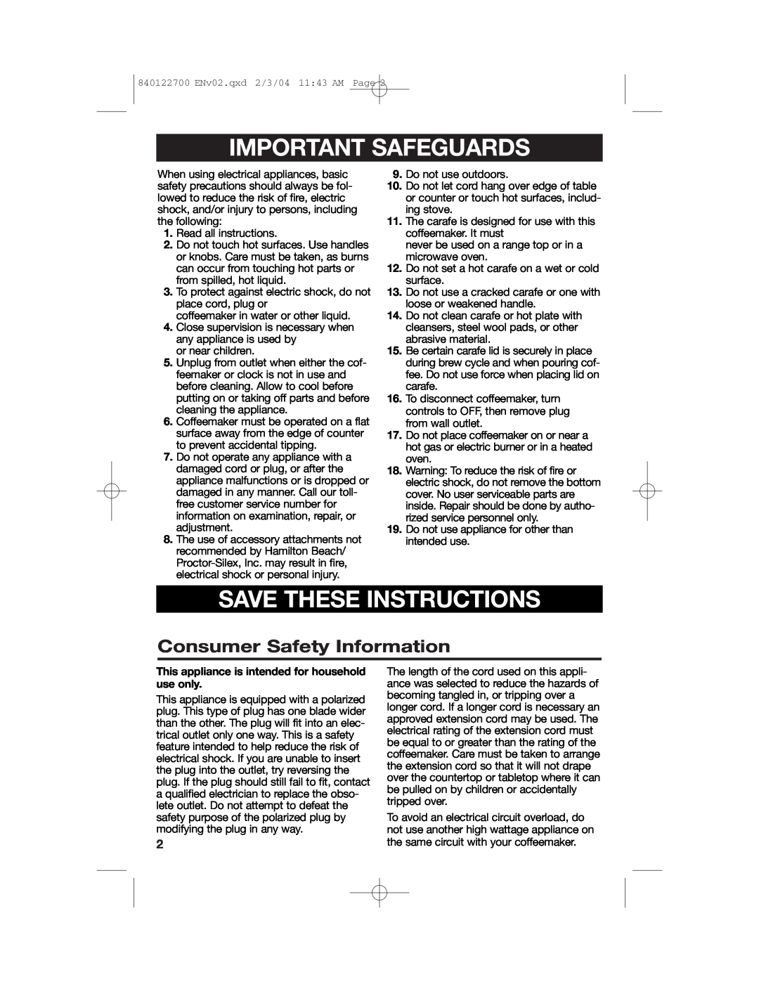 Hamilton Beach Coffemaker manual Important Safeguards, Save These Instructions, Consumer Safety Information 