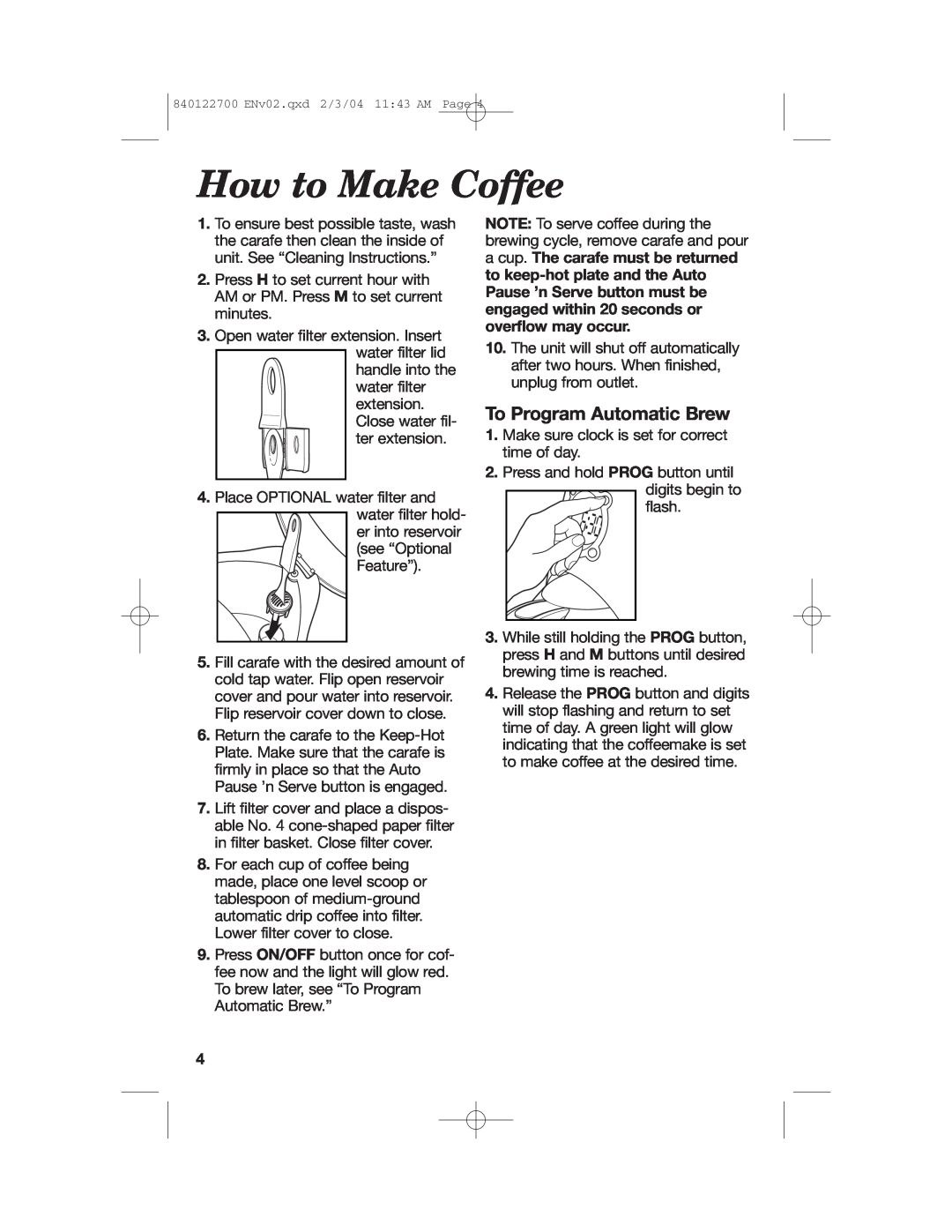 Hamilton Beach Coffemaker manual How to Make Coffee, To Program Automatic Brew 