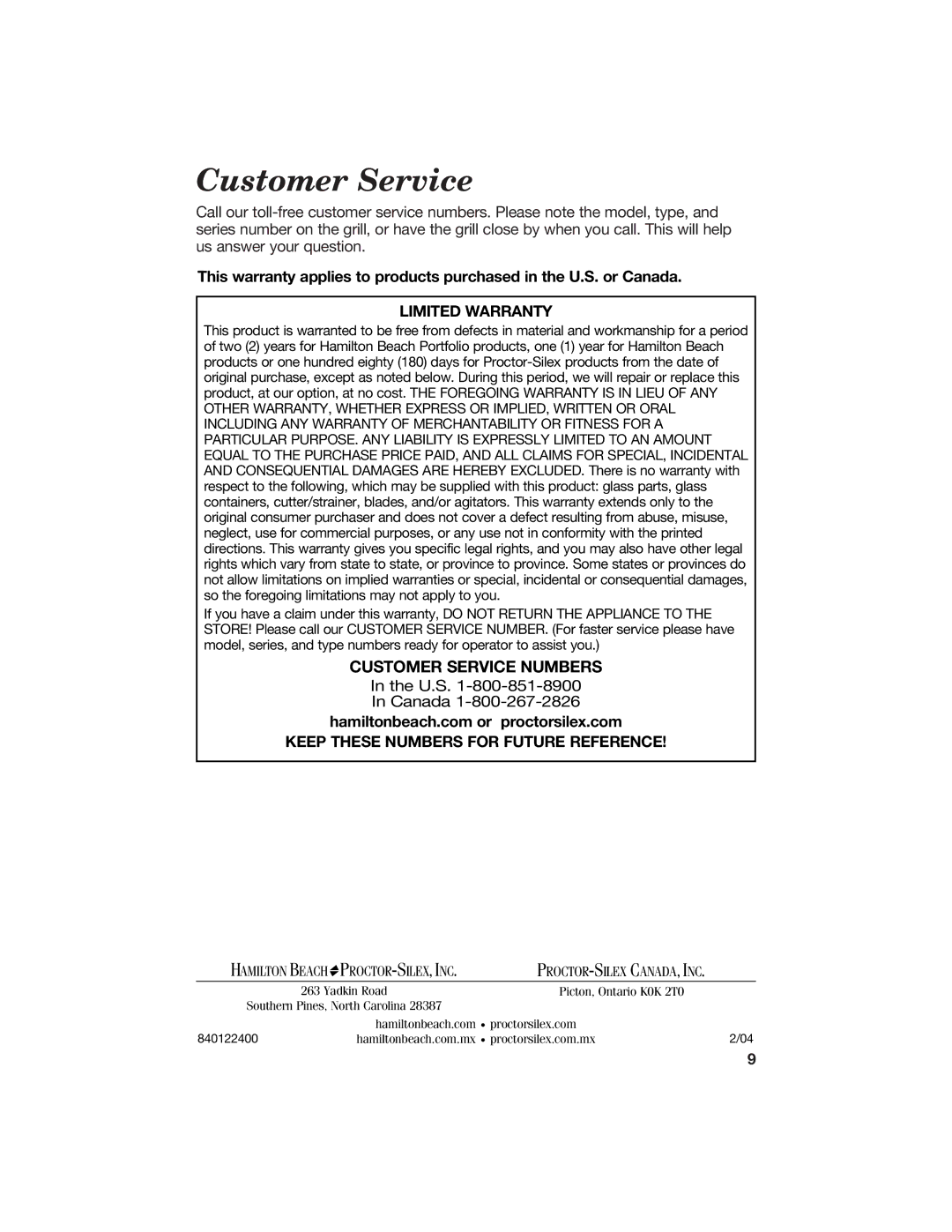 Hamilton Beach Contact Grill manual Customer Service, Limited Warranty 