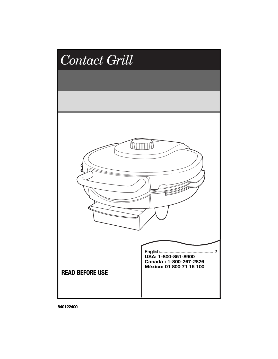 Hamilton Beach Contact Grill manual Read Before Use, Usa, Canada, México, English, 840122400 