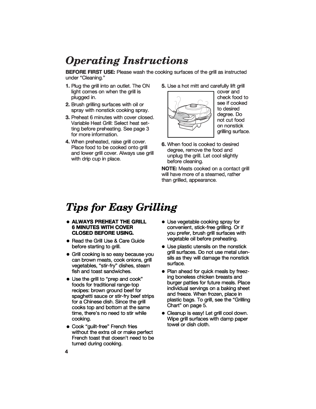 Hamilton Beach Contact Grill manual Operating Instructions, Tips for Easy Grilling 