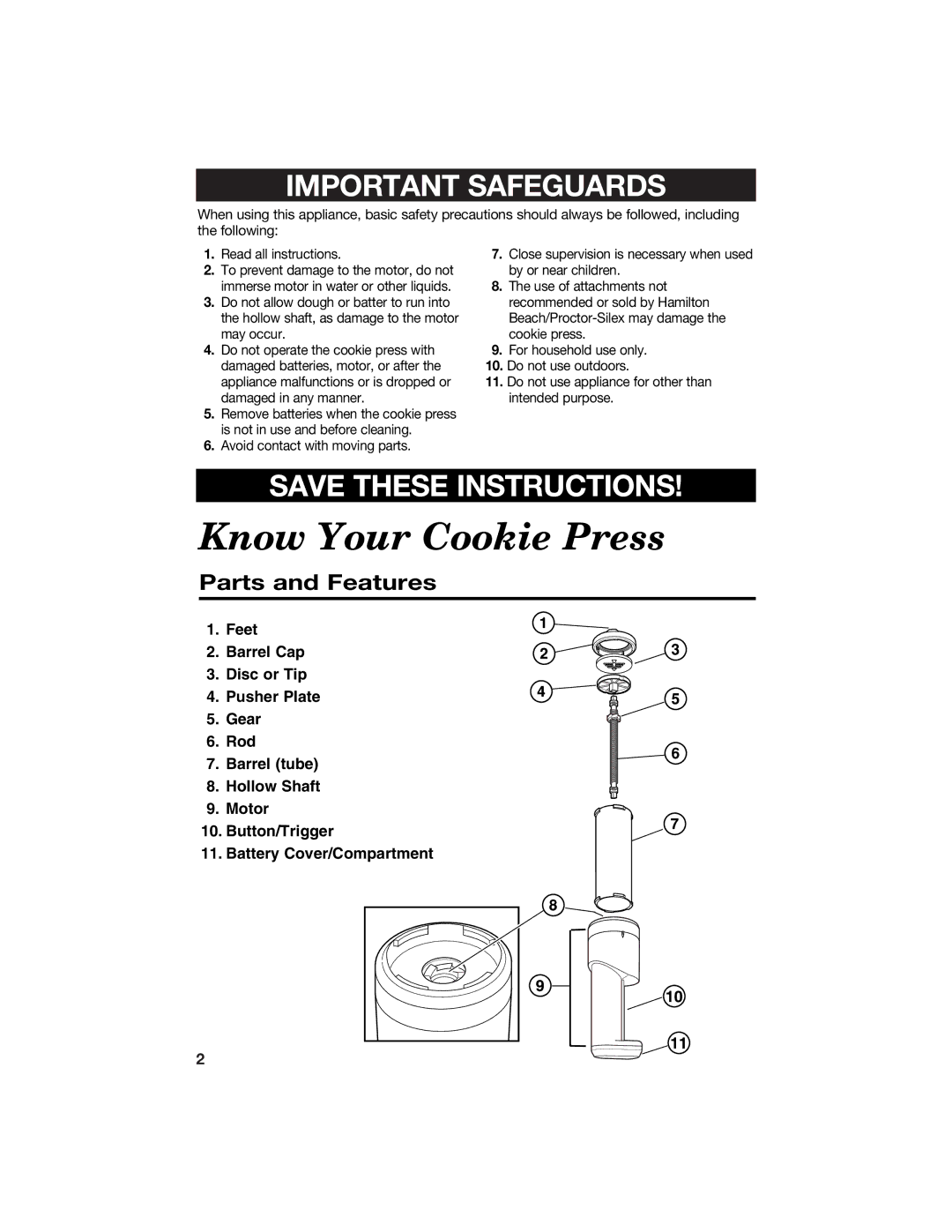 Hamilton Beach Cookie Press and Cake & Food Decorator manual Know Your Cookie Press, Parts and Features 