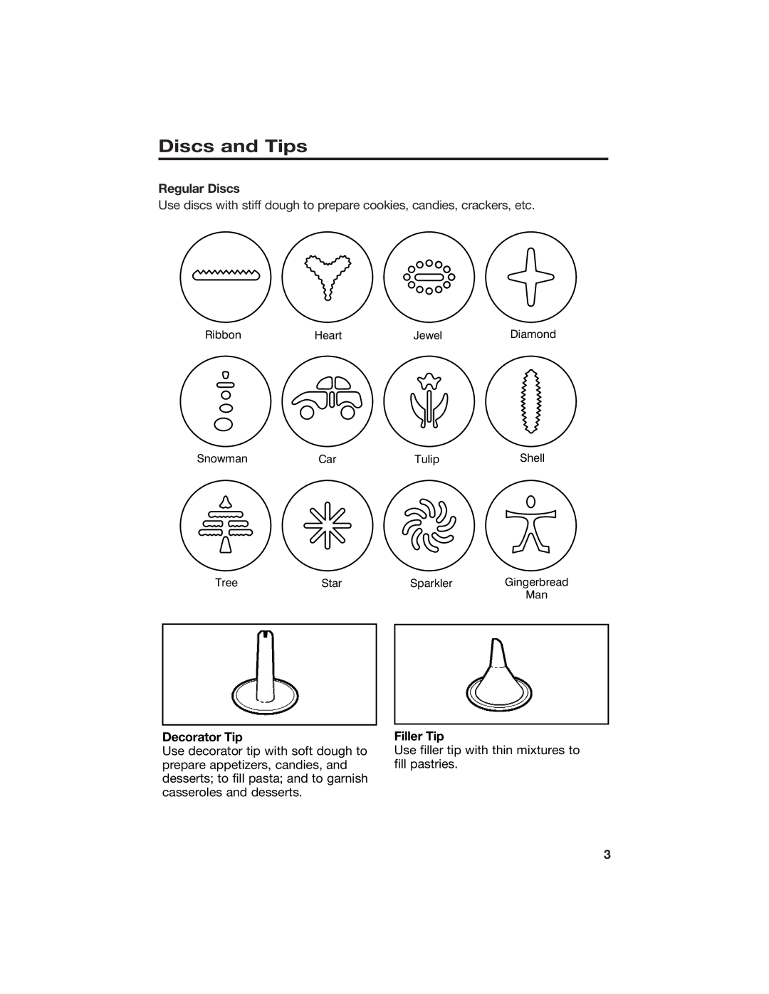 Hamilton Beach Cookie Press and Cake & Food Decorator manual Discs and Tips, Regular Discs, Decorator Tip, Filler Tip 