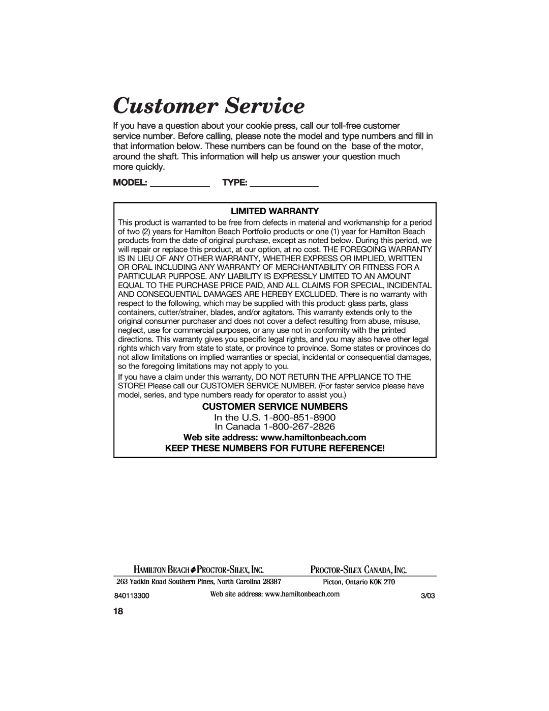 Hamilton Beach Cookie Press and Cake & Food Decorator Customer Service, Model Type, Limited Warranty, Proctor-Silex,Inc 