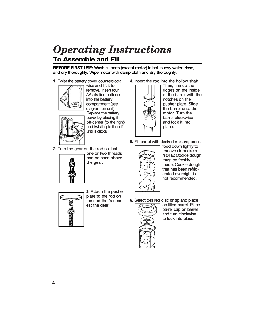 Hamilton Beach Cookie Press and Cake & Food Decorator manual Operating Instructions, To Assemble and Fill 