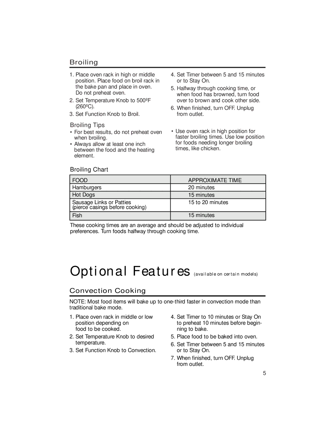 Hamilton Beach Countertop Oven with Convection manual Convection Cooking, Broiling Tips, Broiling Chart 