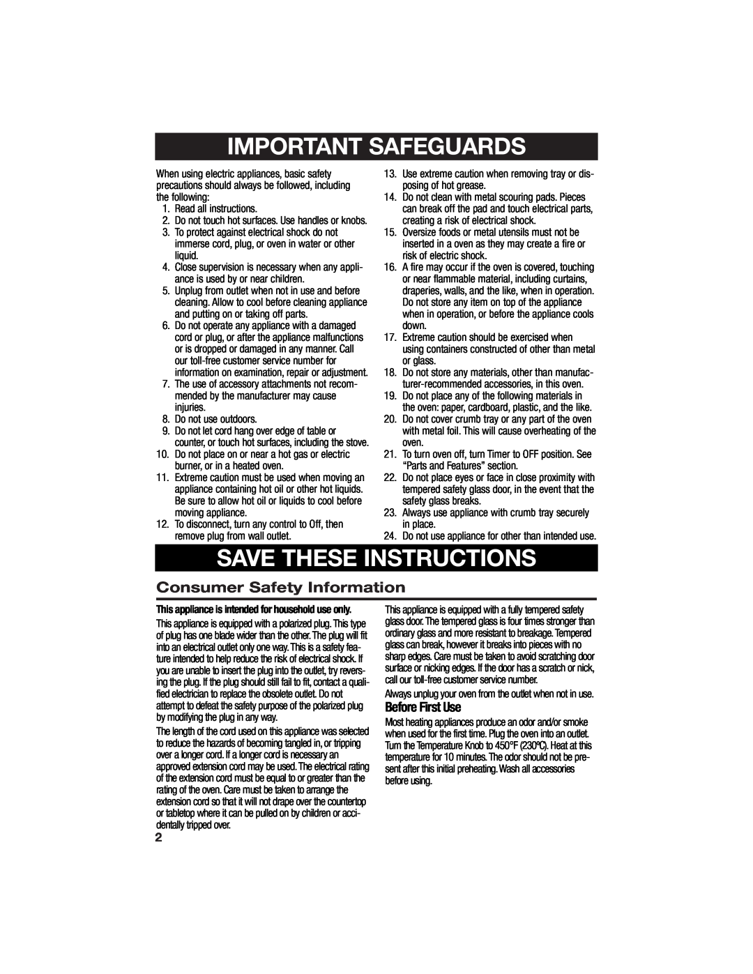 Hamilton Beach Countertop Oven with Convection manual Consumer Safety Information, Before First Use, Important Safeguards 