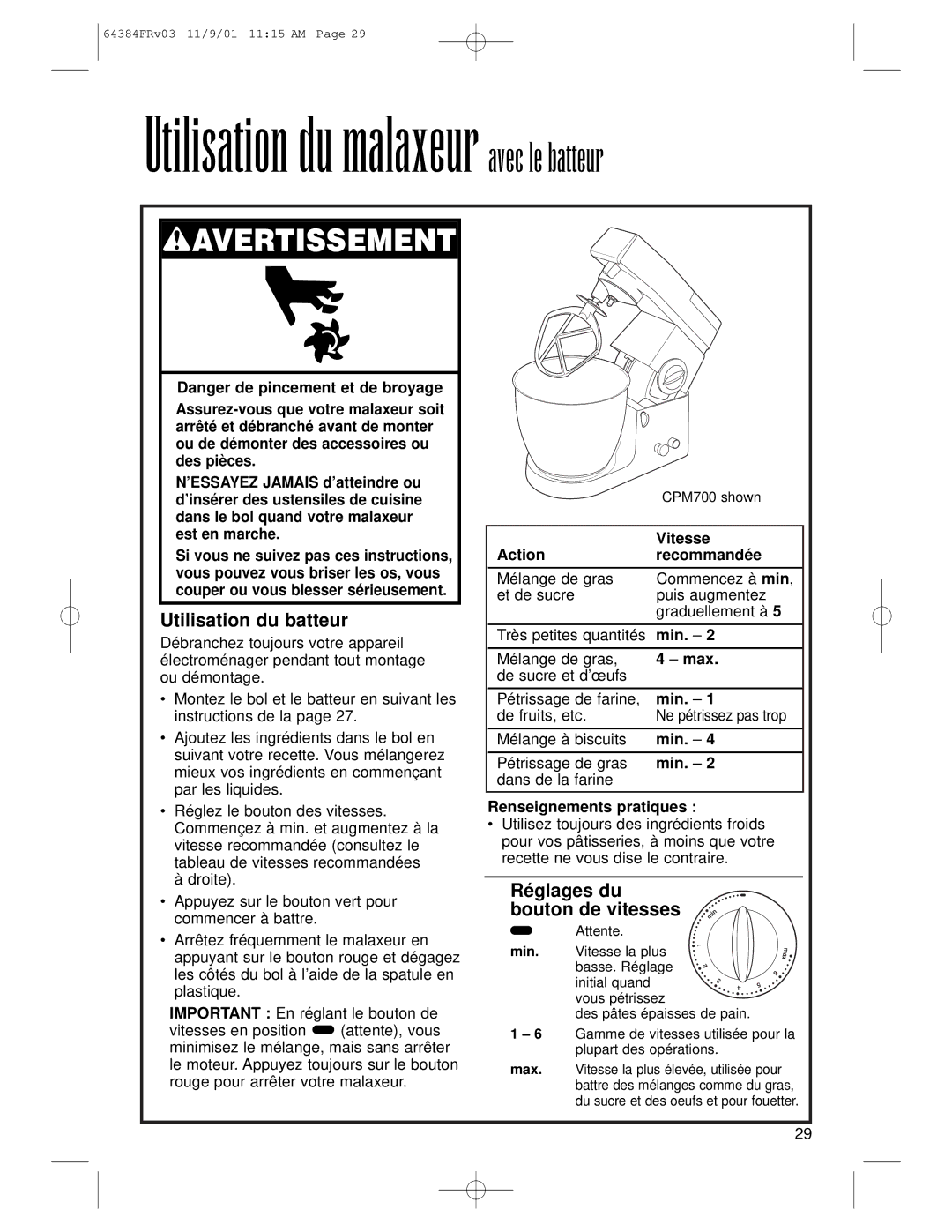 Hamilton Beach CPM700, CPM500 Utilisation du batteur, Réglages du bouton de vitesses, Vitesse, Action Recommandée 