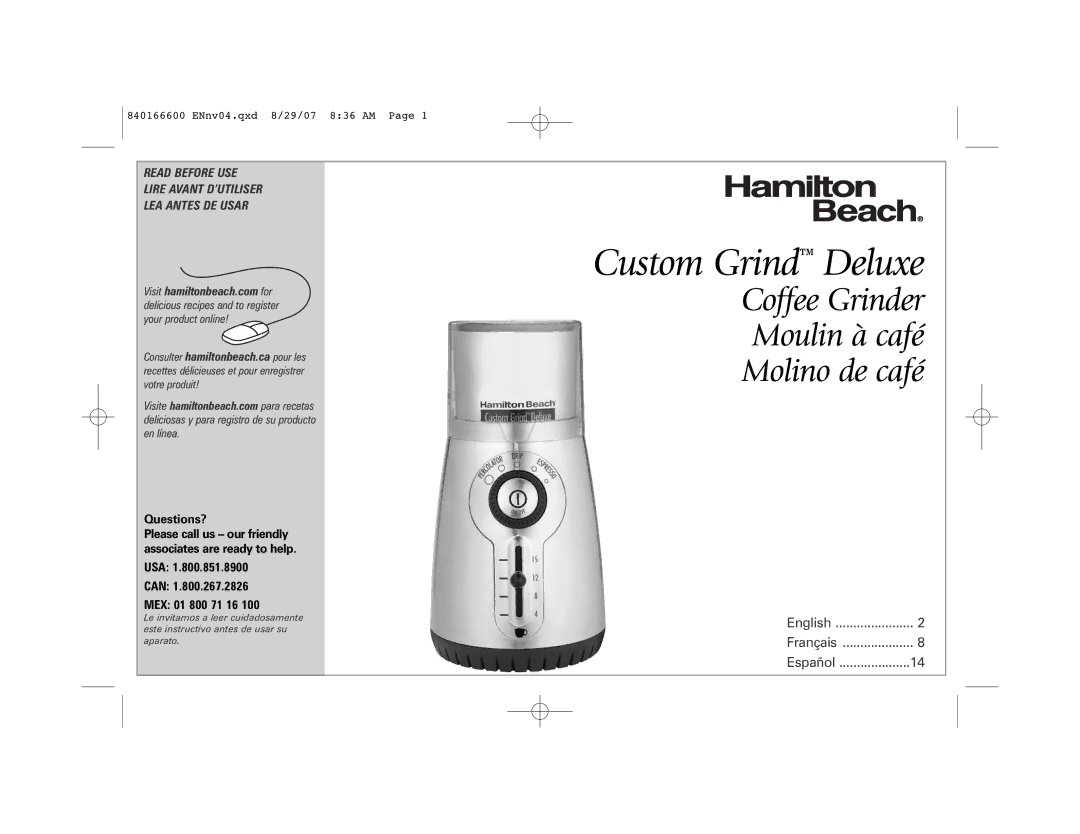 Hamilton Beach Custom Grind Deluxe manual Questions?, USA Can MEX 01 800 71 16 