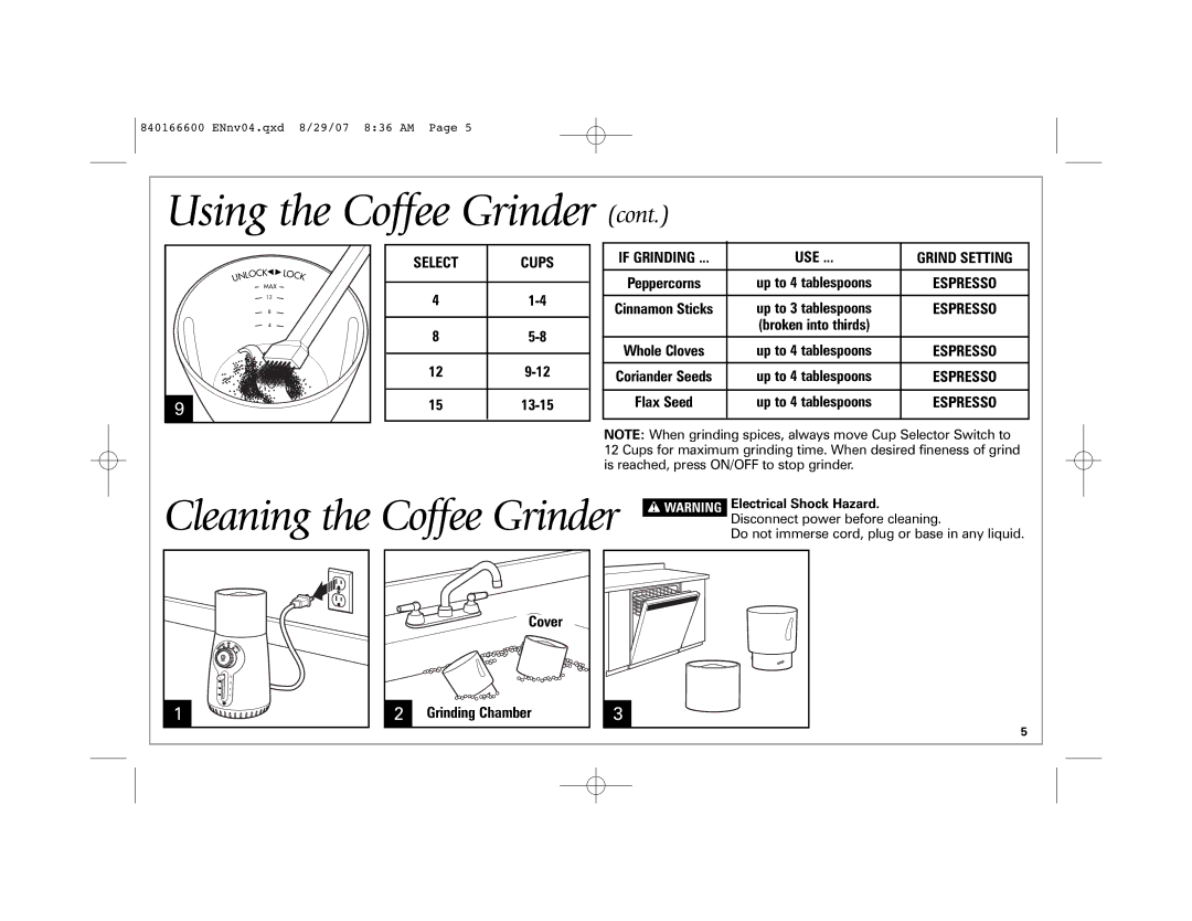 Hamilton Beach Custom Grind Deluxe manual Select Cups, If Grinding, Grind Setting, Electrical Shock Hazard 