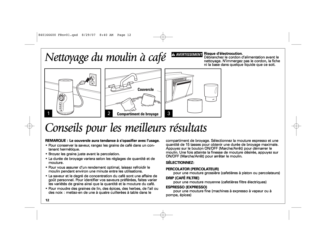 Hamilton Beach Custom Grind Deluxe manual Conseils pour les meilleurs résultats, Nettoyage du moulin à café, Couvercle 