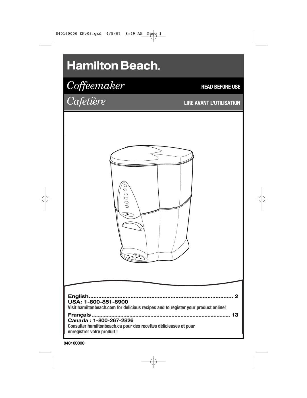 Hamilton Beach D43012B manual Coffeemaker Cafetière, English USA Français Canada 