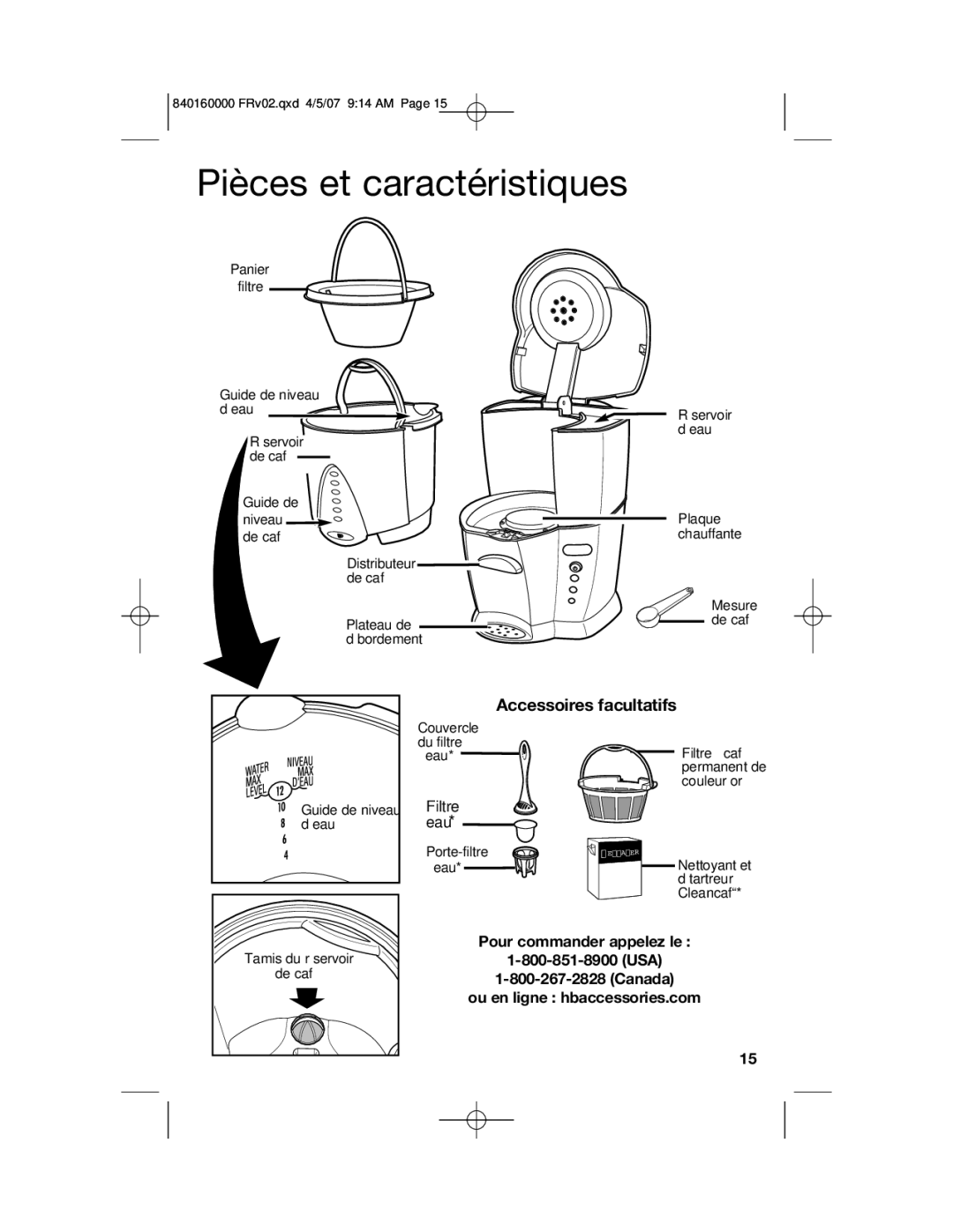 Hamilton Beach D43012B manual Pièces et caractéristiques, Accessoires facultatifs 