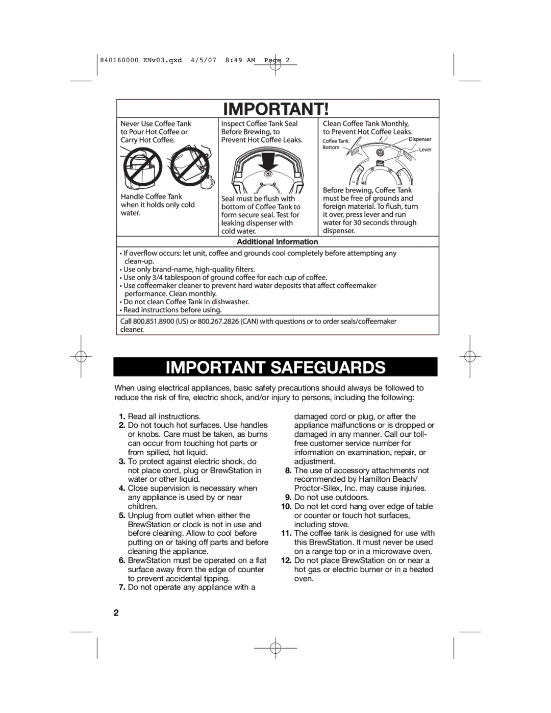 Hamilton Beach D43012B manual Important Safeguards 