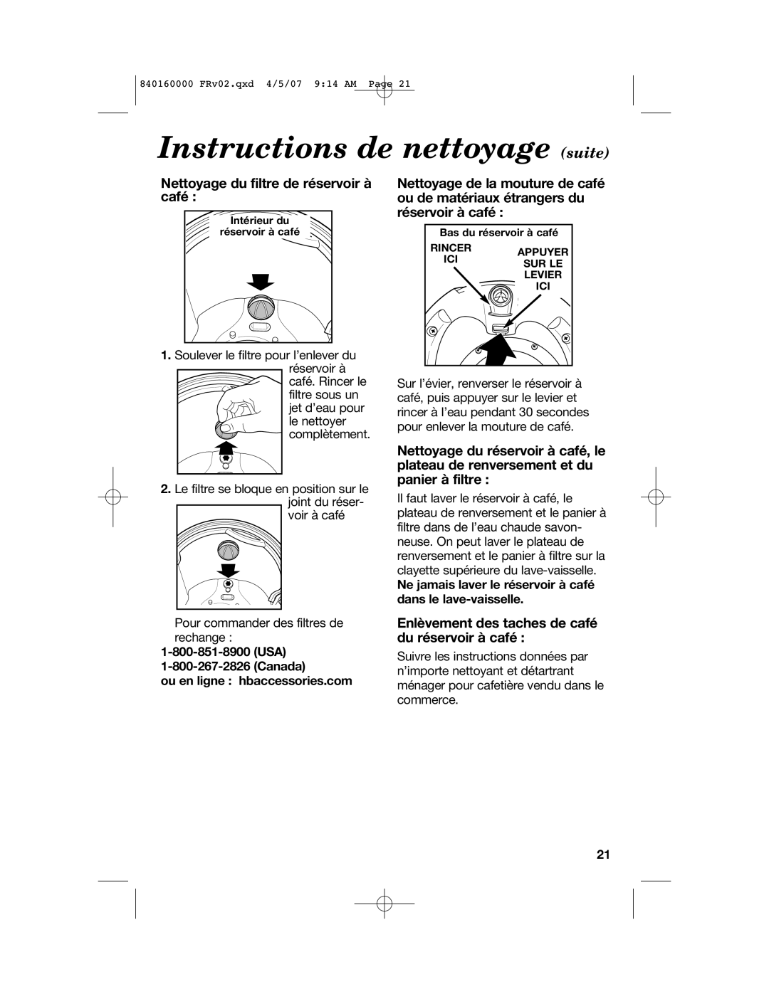 Hamilton Beach D43012B manual Instructions de nettoyage suite, Nettoyage du filtre de réservoir à café 