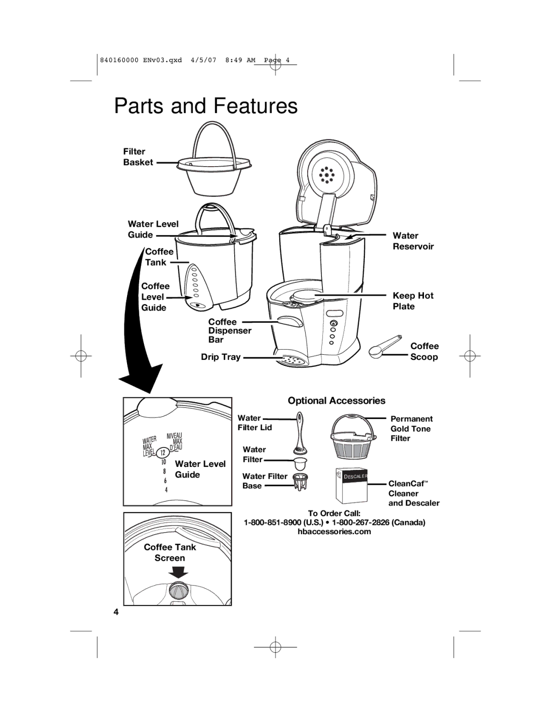 Hamilton Beach D43012B manual Parts and Features, Optional Accessories 