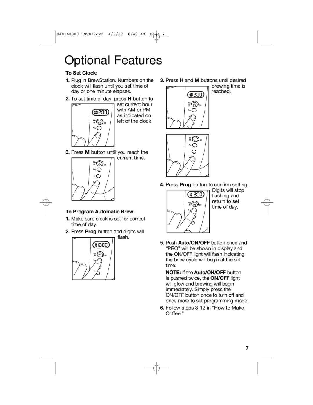 Hamilton Beach D43012B manual Optional Features, To Set Clock, To Program Automatic Brew 