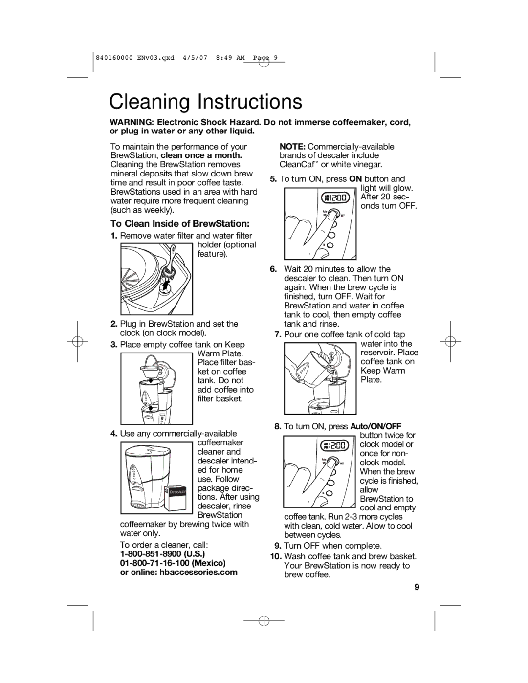 Hamilton Beach D43012B manual Cleaning Instructions, To Clean Inside of BrewStation, Mexico or online hbaccessories.com 