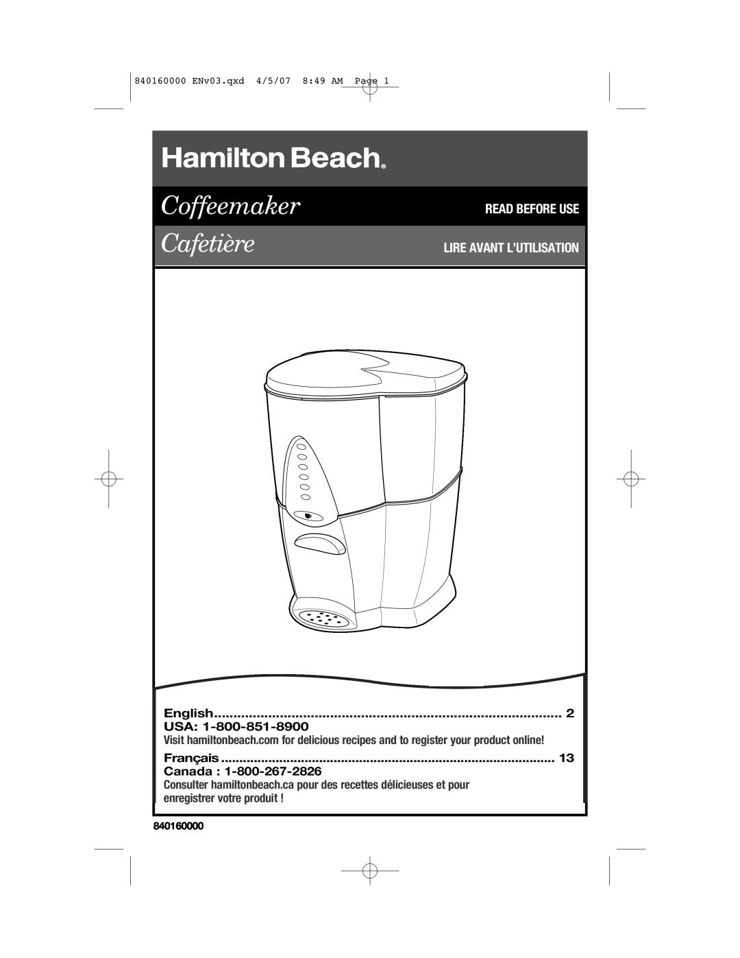 Hamilton Beach D43012B manual English, Français, Canada, Coffeemaker Cafetière, Read Before Use Lire Avant L’Utilisation 