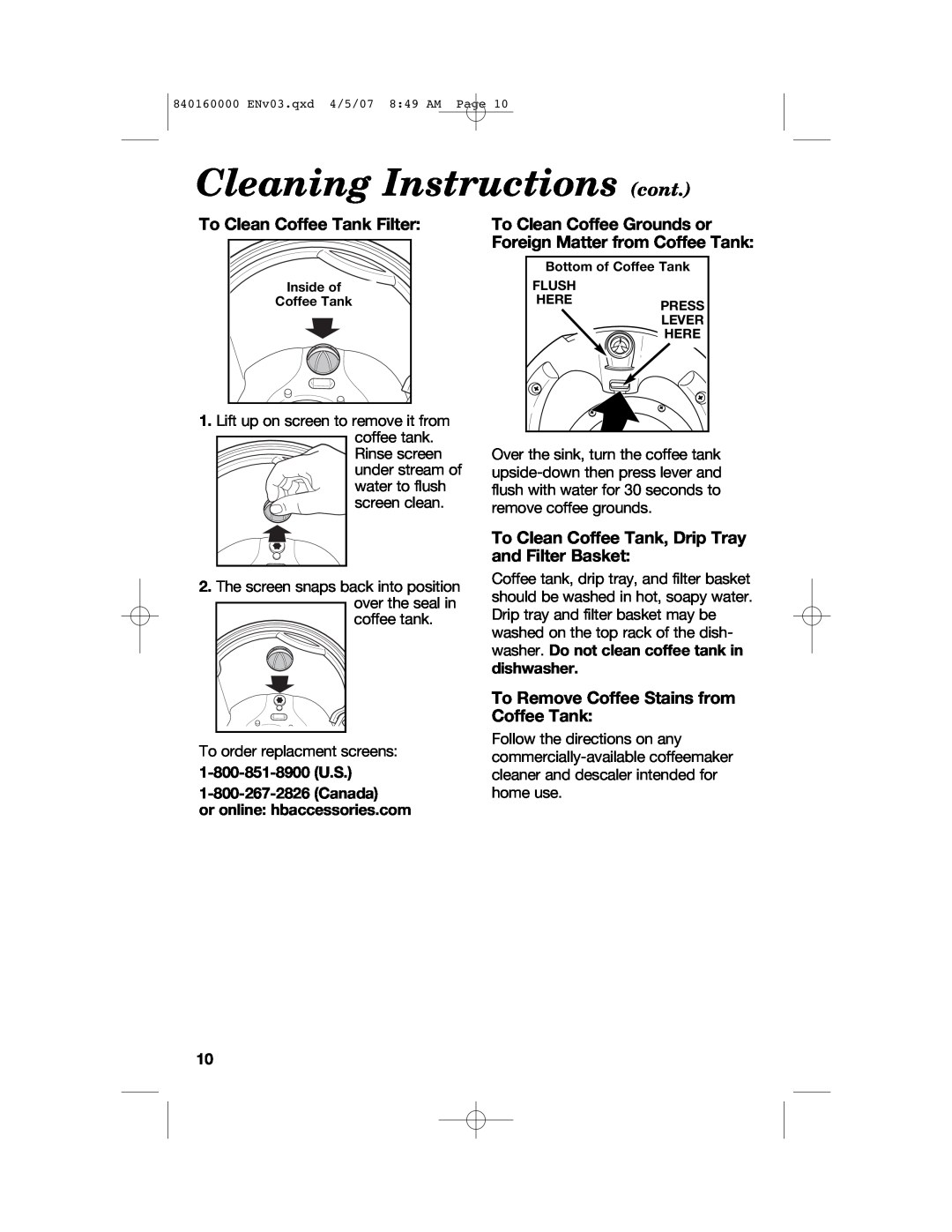 Hamilton Beach D43012B Cleaning Instructions cont, To Clean Coffee Tank Filter, To Remove Coffee Stains from Coffee Tank 