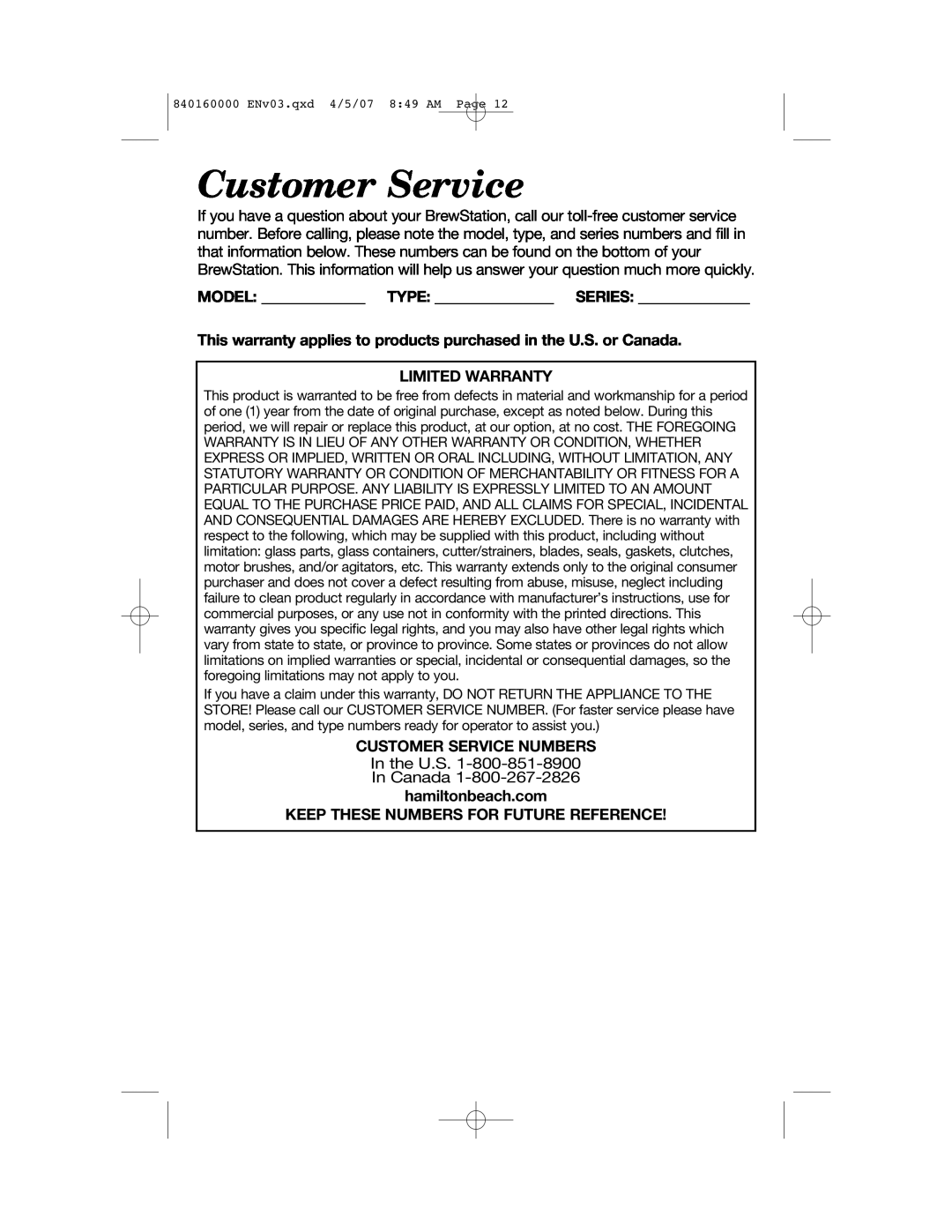 Hamilton Beach D43012B manual Model Type Series, Limited Warranty, Customer Service Numbers 