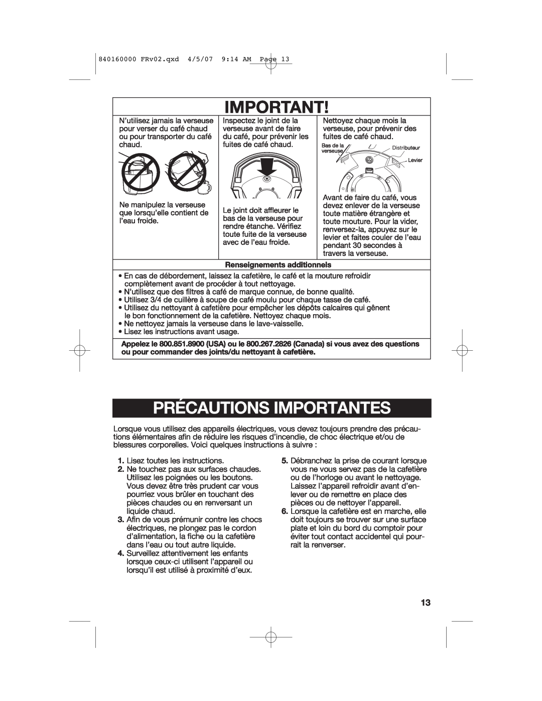 Hamilton Beach D43012B manual Précautions Importantes 